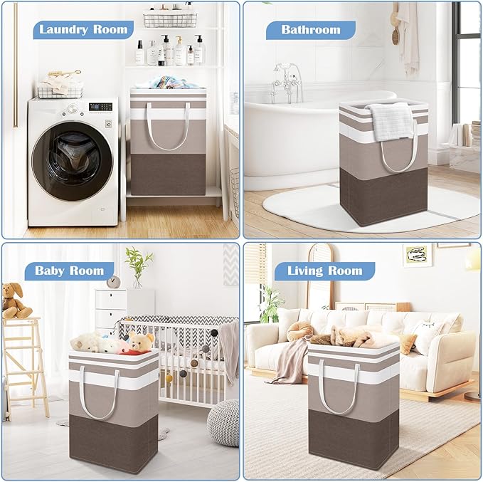 BlissTotes 3-Pack Laundry Basket, Freestanding＆Waterproof Laundry Hamper, Collapsible Tall Clothes Hamper with Easy Carry Handles for Clothes, Towels in the Family and Dorm,Gradient Khaki,75L