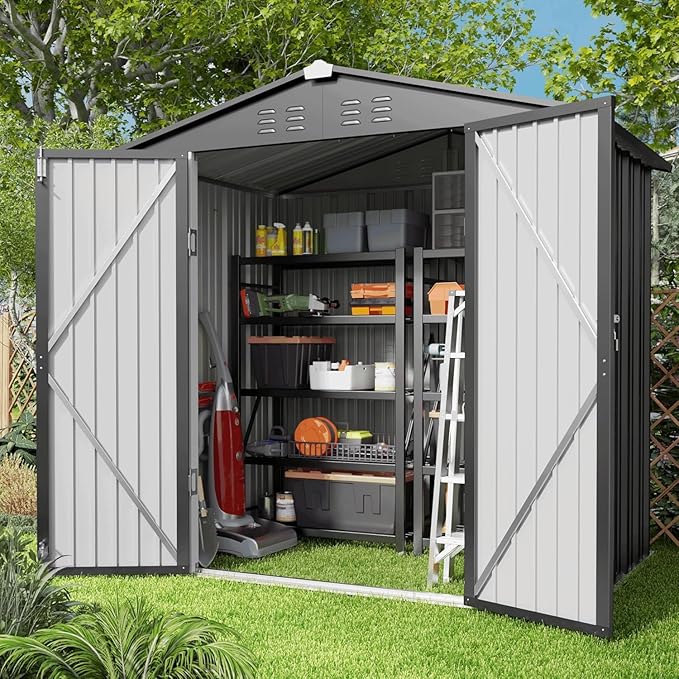 Gizoon Outdoor Storage Shed 6 x 4 FT, Galvanized Metal Garden Shed with Double Lockable Doors, Outdoor Storage Clearance for Backyard Patio Lawn-Dark Grey