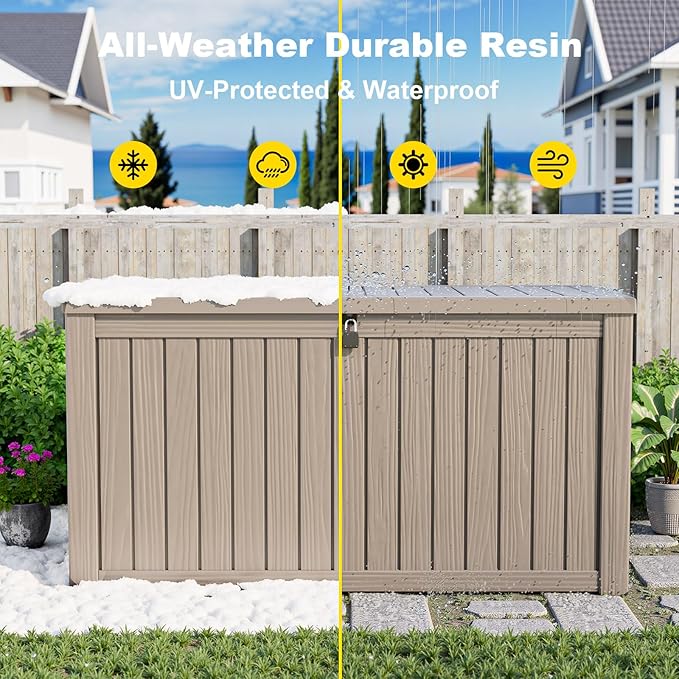 180 Gallon Outdoor Deck Box,Waterproof Resin Outdoor Storage Boxes, Outside Storage Lockable Container for Garden Tools,Indooor Cushions,Accessories (Grey)