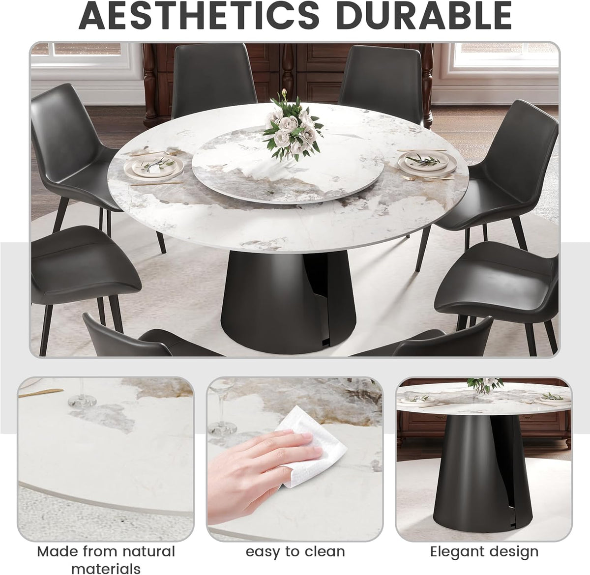 Montary 9 Piece Dining Table Chairs Set, Modern Dining Table Set of 8, Includes 59" D Marble Round Table with Black Carbon Steel Base, 8 Grey Black Dining Chairs for Home, Kitchen