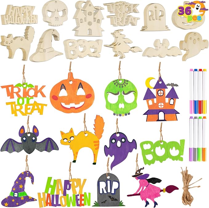 JOYIN 60 Pcs Halloween Craft Wooden Painting Kit, Halloween Party Supplies, Party Favors for Kids, Wood Blank Cutouts Ornaments, Gift Tags Decor for School Art DIY Activities Goodies Games