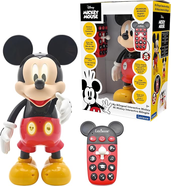 LEXiBOOK - Disney - Bilingual Mickey Robot - English/Spanish, 100 Educational quizzes, Light Effects, Dance, programmable, Articulated, Black/red - MCH01i2