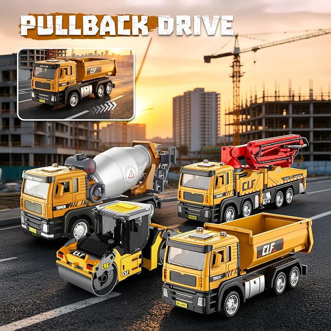 1:50 Die-Cast Concrete Mixer Truck Toy, Pull-Back with Lights Sounds, Rotating Mixing Drum, Opening Doors, with Simulated Gravel, for Kids 3-9