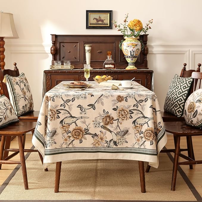ISAENNE Designer Vintage Linen Rectangular Tablecloth,Floral and Bird Pattern Elegant Table Cloth,Fall Wrinkle Resistant Decor Tablecloths for Dining Kitchen Party Christmas,55"*87"-Murad A