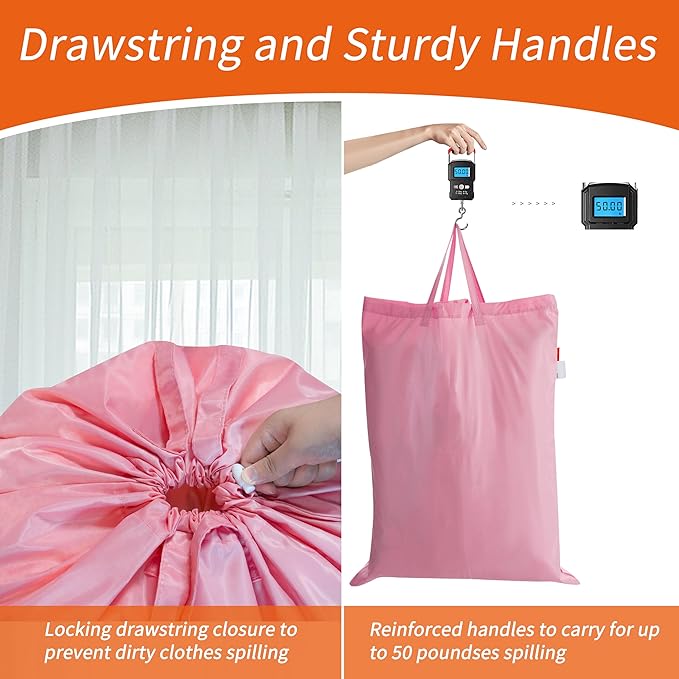 Polecasa Heavy Duty Large Laundry Bag with 130gsm Tear Resistant Fabric and Handles, Easy to Carry Durable Dirty Clothes Drawstring Bag, Perfect for College Dorm, Travel, 2 Pack 28”x36”, Pink