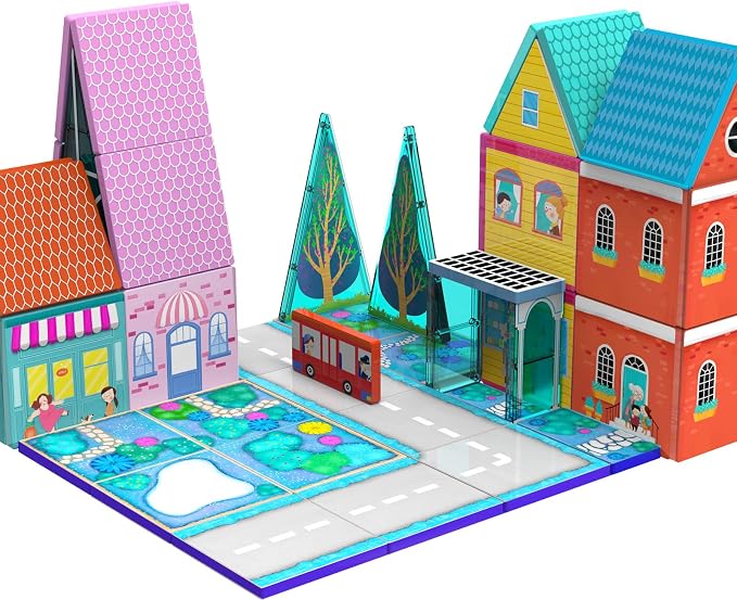 Magnetic Tiles for Kids, Fairytale Town Road Set, Magnetic Blocks Magnet Building Toys for 3-5 4-8 Years Old Boys Girls, Expansion Themed Magnet Educational STEM Creativity Toys 3+ Toddlers Xmas Gifts