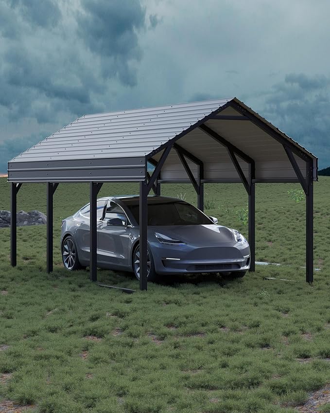 GarveeLife 10x15 FT Metal Carport Kits, Reinforced Frame and Steel Roof for All-Weather Use, Permanent Shelter for Bass Boats, Sedans, and Tractors, Gray