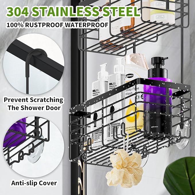 SHANSHUI Shower Hanging Caddy, Double Bathroom Showers Organizer Basket, Shampoo Bracket, Over Door Shower Rack with Hooks, 304 Stainless Steel Rustproof