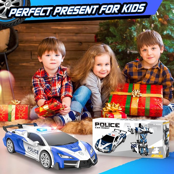 Remote Control Car with One Button Transformation, RC Cars Transforming into Robot, 2.4Ghz 360 Degree Rotation Police Car with Light, 1:18 Scale Transform Toys for Boys Girls Kids 4-7 8-12 6-8