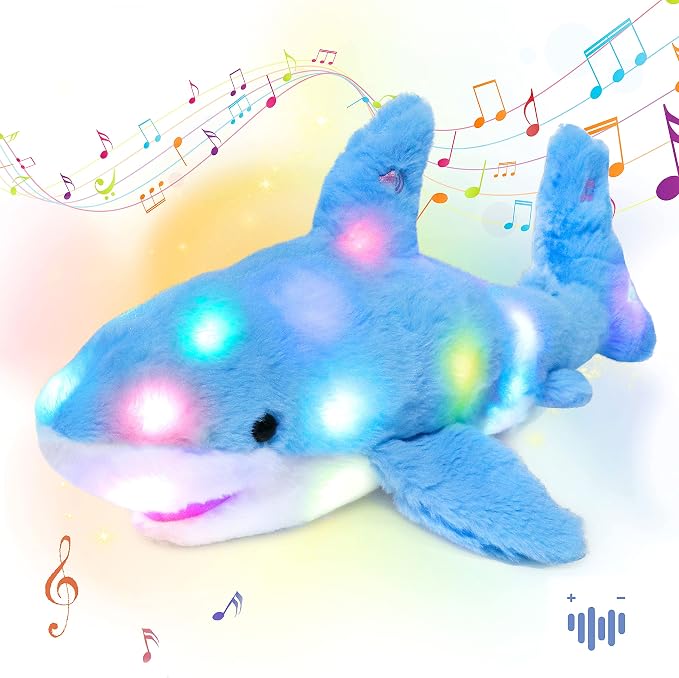 Hopearl LED Musical Stuffed Shark Lighting Up Singing Plush Toy Adjustable Volume Lullaby Animated Soothe Birthday Festival for Kids Toddler Girls, Blue, 16''