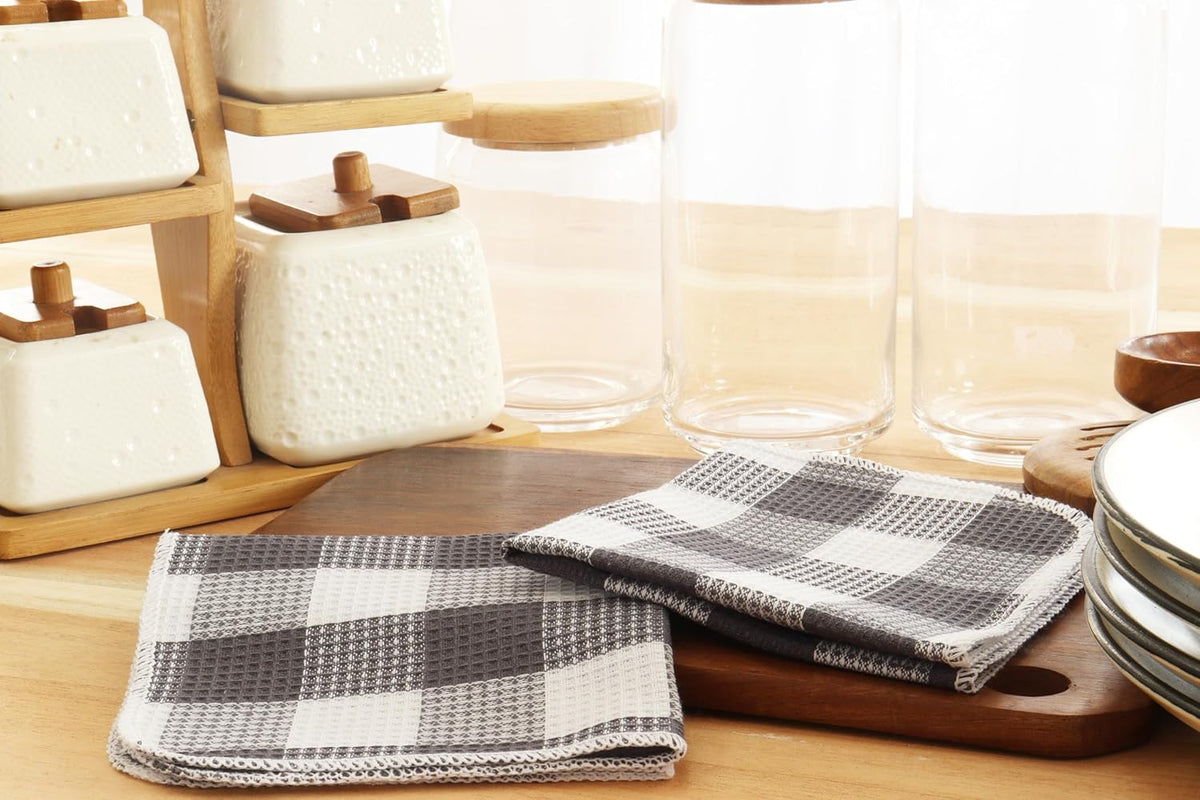 Waffle Weave Plaid Dish Cloths, 100% Cotton - 12 x 12 Inches, Ultra Soft Absorbent Quick Drying Dish Towels Buffalo Check Dish Rags for Kitchen, 6 Pack - Spring Summer - Steel Grey and White