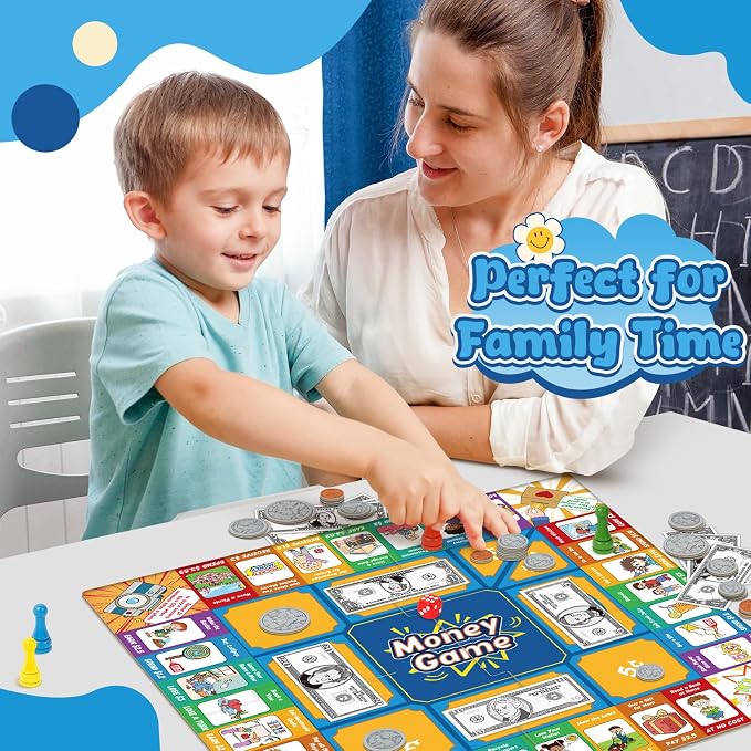 Torlam Money Board Games for Kids, Coins and Bills Toddler Pretend Play Toys, Money for Kids Learning Education Kindergarten Math Games Math Manipulatives, Homeschool Supplies Classroom Must Haves