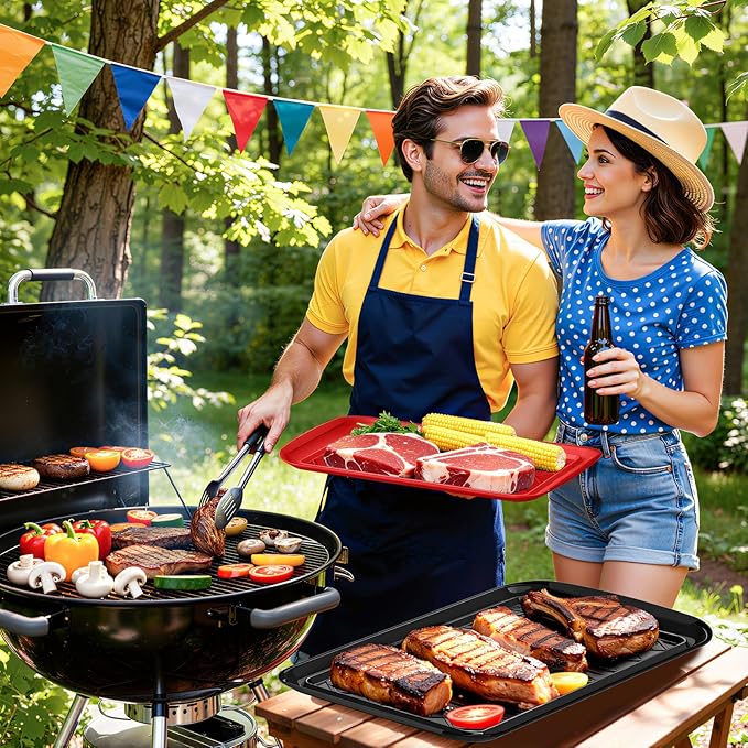 Serving Trays for Party - Set of 2, Large Serving Platters for Raw and Cooked Food, Dishwasher Safe, 17×10.5-inch Stackable Plastic Party Supplies for Grilling, BBQ, Meal Prep (Red, Black)