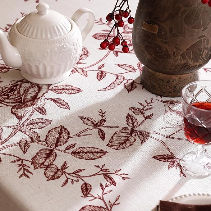 ISAENNE Designer Vintage Linen Square Tablecloth,Red Floral Pattern Linen Stain Resistant Table Cloth,Decor Tablecloths for Dining Thanksgiving Kitchen Christmas Party,67"*67"-Harmony