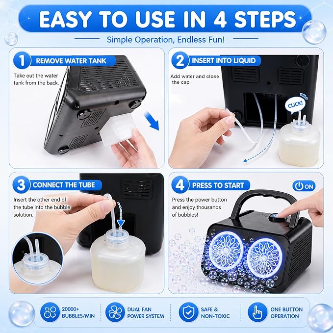 Bubble Machine with Dual Fans,20000+ Bubbles Per Minute | USB-C or AA Battery Operated,Leak-Proof Sealed Bottle,Portable Bubble Maker for Birthday Party Pool Wedding Outdoor