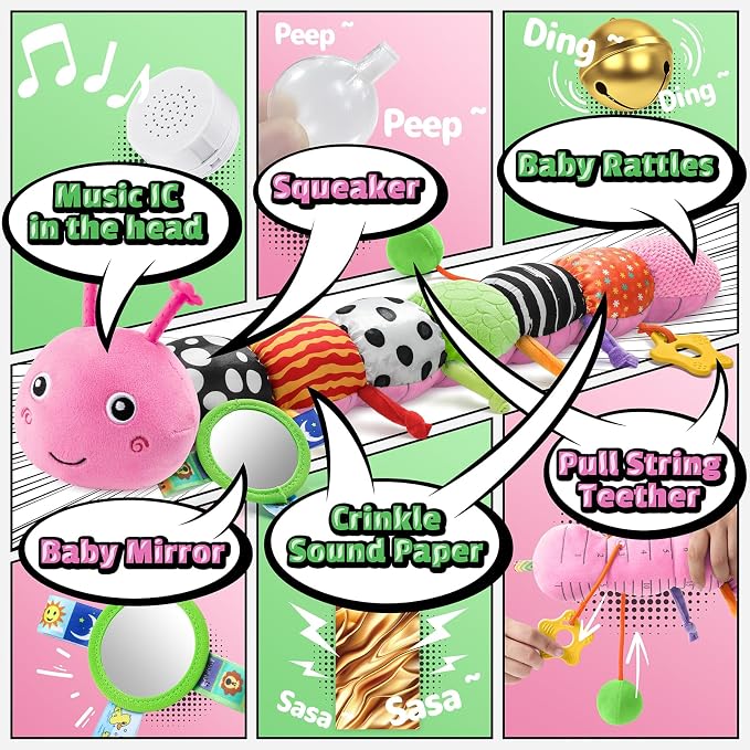 LIGHTDESIRE Baby Toys Musical Caterpillar,Infant Toys 3 6 12 Months Sensory Toy with Ruler Design,Mirror,Pull String,Crinkle&Ring Bell,Baby Teething Toy for Tummy Time Boy Girl Gifts (Rose Pink)