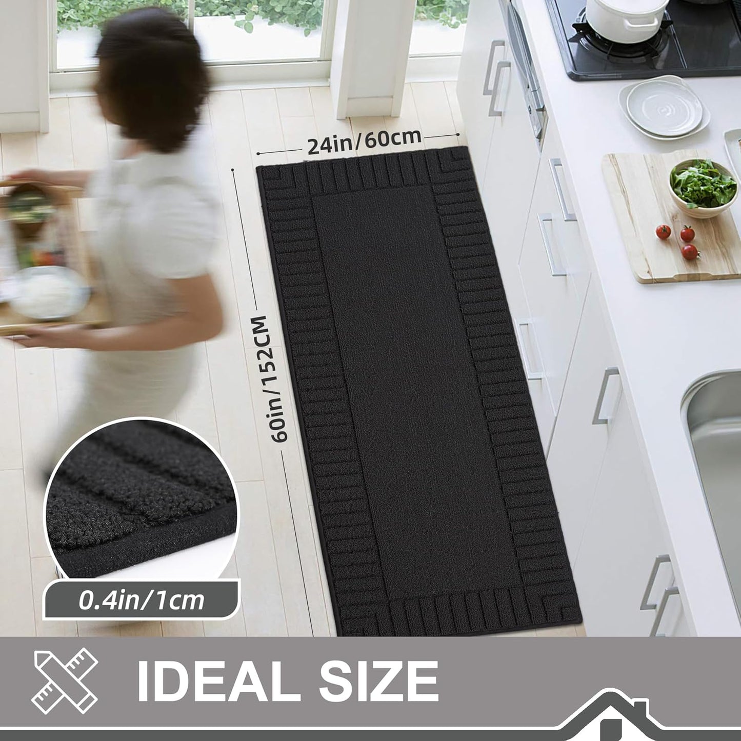 BEQHAUSE-Kitchen-Rugs-and-Mats Non Slip Kitchen Runner Rug Absorbent Kitchen Mats for Floor Machine Washable Kitchens Floormat,Black 24x60inch