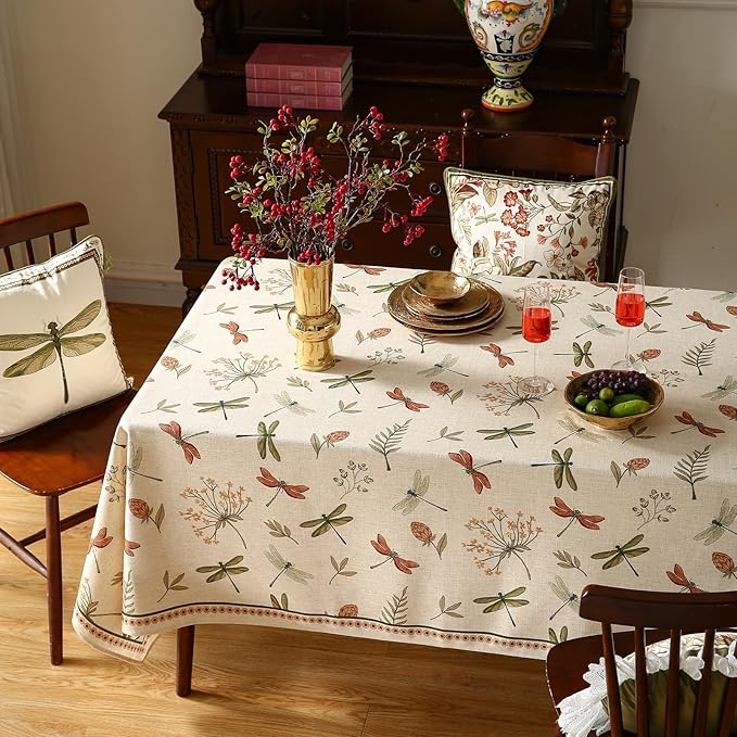 ISAENNE Designer Floral Linen Extra Long Table Cloth Rectangle,French Off White Elegant Tablecloth,Washable Home Decor Tablecloths for Dining Thanksgiving Kitchen Christmas,63"*110"-Grace B