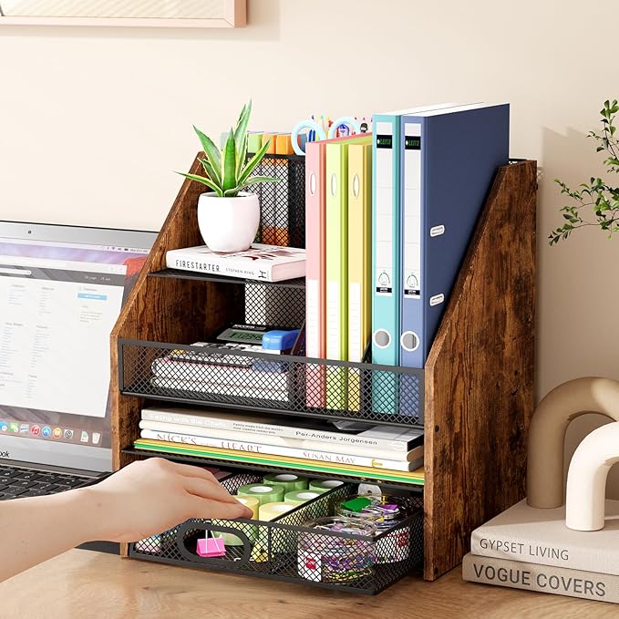 Wooden Desk Organizer - Mesh File Organizer with Drawers and Pen Holder - 4-Tier Vertical Paper Letter Storage Tray, Desktop Organizers and Accessories for Home Office