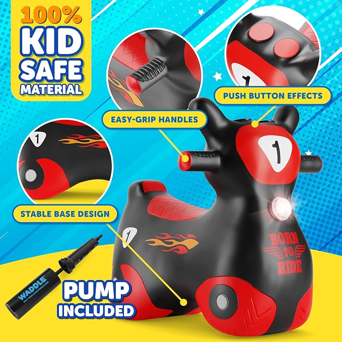 Waddle Bouncy Hopper Inflatable Hopping Toy Scooter, Indoors and Outdoor for Toddlers and Kids, Boys and Girls Ages 2 Years and Up (Black/Red Zoomer)