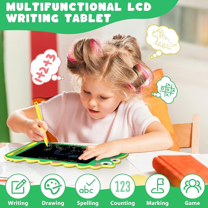 BKM LCD Writing Tablet for Kids, Educational Toddler Toys, Colorful Doodle Board Drawing Tablet with Screen Lock & Erase Button, Dinosaur Toys for Ages 3-8, Birthday Gifts for Boys Girls,8.5 inch