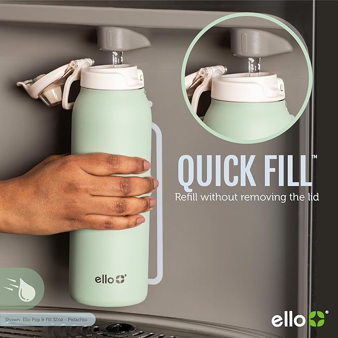 Ello Pop & Fill 22oz Stainless Steel Water Bottle with Quick Fill Technology, Double Walled and Vacuum Insulated Metal, Leak Proof Locking Lid, Sip and Chug, Reusable, BPA Free, Rosy Skyline