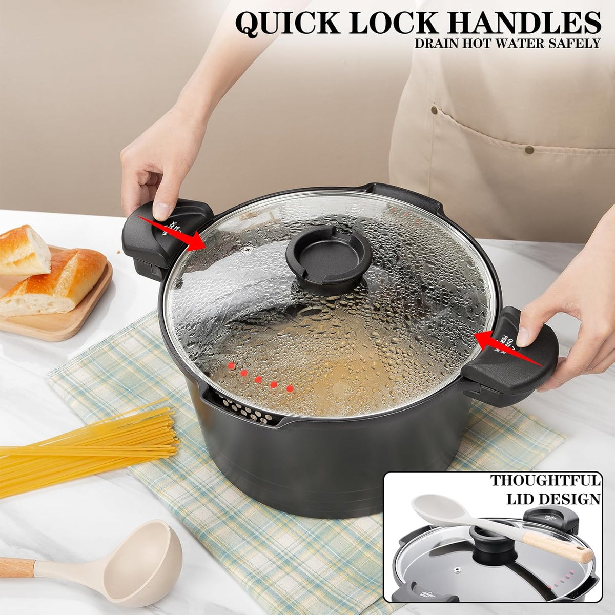 ACTIV CUISINE 5qt Pasta Pot with Strainer Lid, Cast Aluminum Stockpot Multipot, Nonstick Ceramic Coating make Cleanup easy with Tempered Glass Lid, Dishwasher Safe, Induction, Black