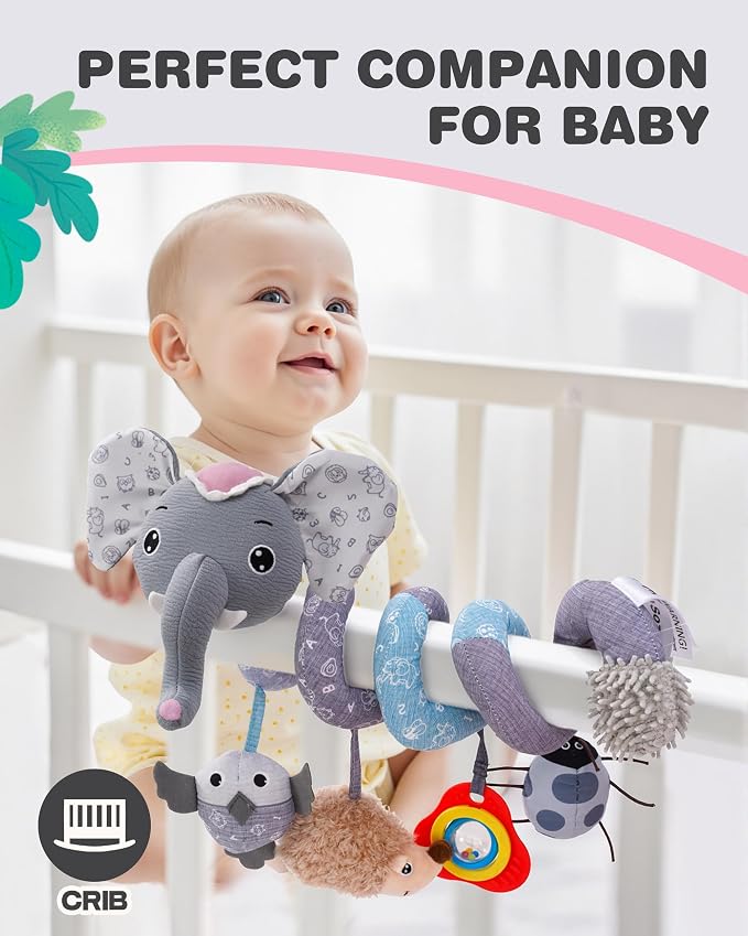 Jollybaby Crib Stroller Car Seat Toys for Baby 0-3-6-9-12 Months, Tummy Time Hanging Sensory Toys for Newborn with Music Box and Teether, Spiral Carseat Toy for Boys Girls Gifts (09-Sz Gray Elephant)