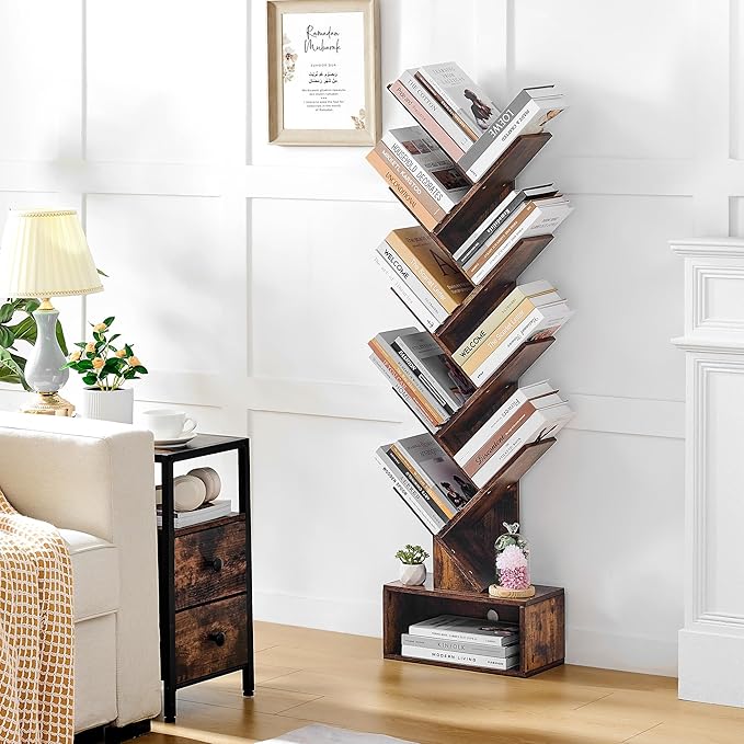 Hoctieon 9 Tier Tree Bookshelf, Tall Bookcase with Drawer, Wood Book Shelf, Modern Floor Standing Bookshelves, Book Organizer Shelves for Bedroom, Living Room, Home Office, Rustic Brown