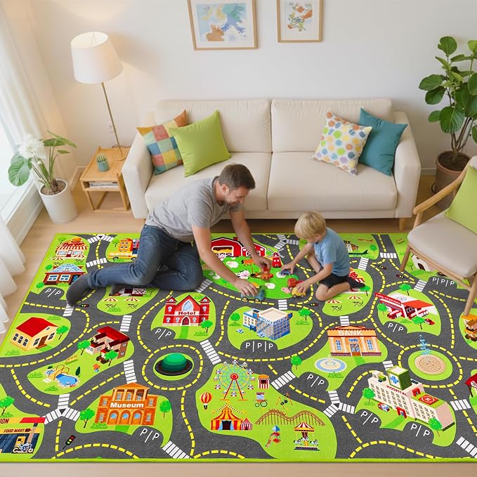 Kids Car Rug Play Mat, Non Slip City Road Carpet for Kids Toy Cars, Car Track Rug Play Mats for Floor, Educational Vehicle Rugs for Playroom Bedroom Kids Room, Machine Washable (60"X36", A)