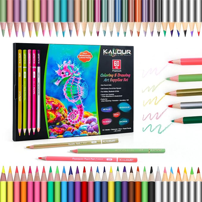 KALOUR 60 Art Drawing Pencils Set,Including Oil-Based, Metallic, Watercolor, Neon, Macaron Pastel Colored Pencils.Ideal for Sketching, Coloring & DIY Crafts,Gift for Adults Kids Artists Beginner