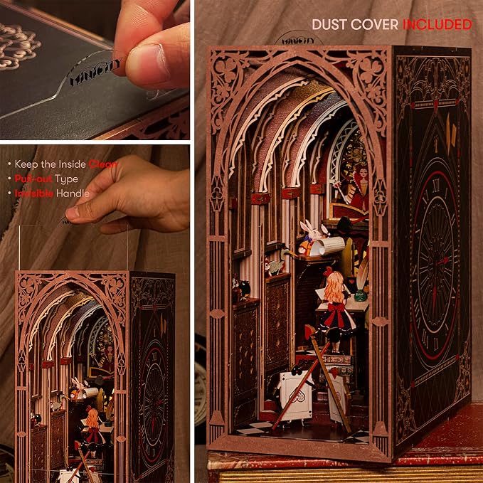 𝗠𝗶𝗻𝗶𝗖𝗶𝘁𝘆 Book Nook Kit, DIY Miniature Dollhouse Booknook Kit, 3D Wooden Puzzle Bookend Bookshelf Insert Decor with LED Light for Teens and Adults (Alice in Wonderland)