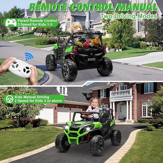 24V 2 Seater Ride on Car for Kids, MOEYURO 800W Powered UTV Toy, 5MPH Large Side by Side Electric Car w/Remote, Bluetooth, LED Light, 3 Speeds, Music, Spring Suspension, Storage for 3-8 Gift, Green