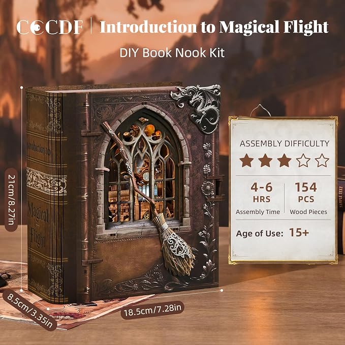 CCCDF Book Nook Kit, DIY Miniature Dollhouse Magic Book for Adults and Teens, 3D Wooden Puzzle Bookends with Sensor Led Light, Gifts for Family, Friends (Introduction to Magical Flight)
