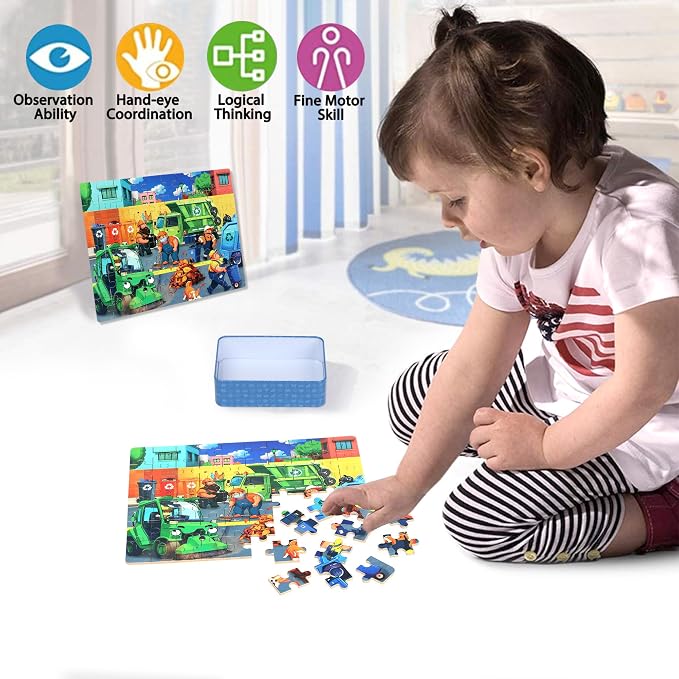 LELEMON Ocean Puzzles for Kids Ages 4-6,Recycling Garbage Truck 60 Piece Puzzles for Kids Ages 4-8,Children Jigsaw Puzzles in a Metal Box,Educational Learning Puzzle Toys for Girls and Boys
