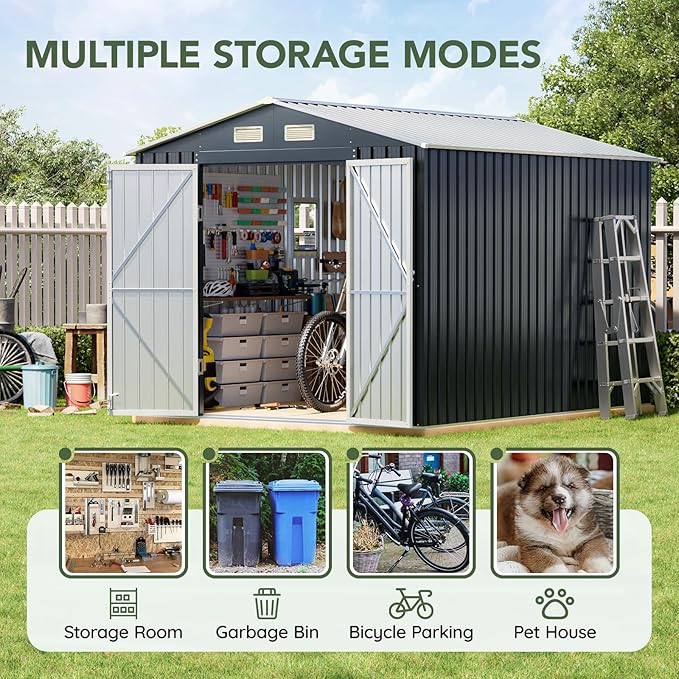 Breezz 10X8FT Outdoor Steel Storage Shed with Clear Window, Lockable Doors, Frame Floor,Weather-Resistant Metal Tool Shed for Garden, Backyard, Patio, and Utility Storage