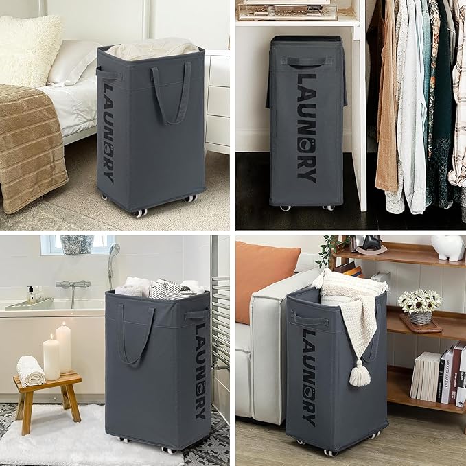 Goodpick Hamper with Wheels, 2-Pack 75L Foldable Laundry Baskets with Removable Wash Bags, Dirty Laundry Basket for Corner Dorm,Grey