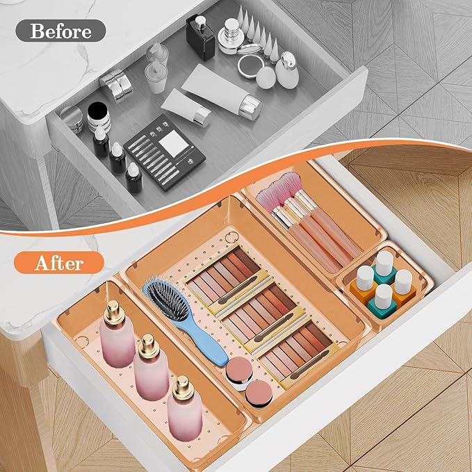 25 PCS Plastic Drawer Organizer Set, 4-Size Versatile Organizer Trays & storage Bins for Makeup, Jewelry, and Gadgets in Bathroom, Bedroom and Office,Orange