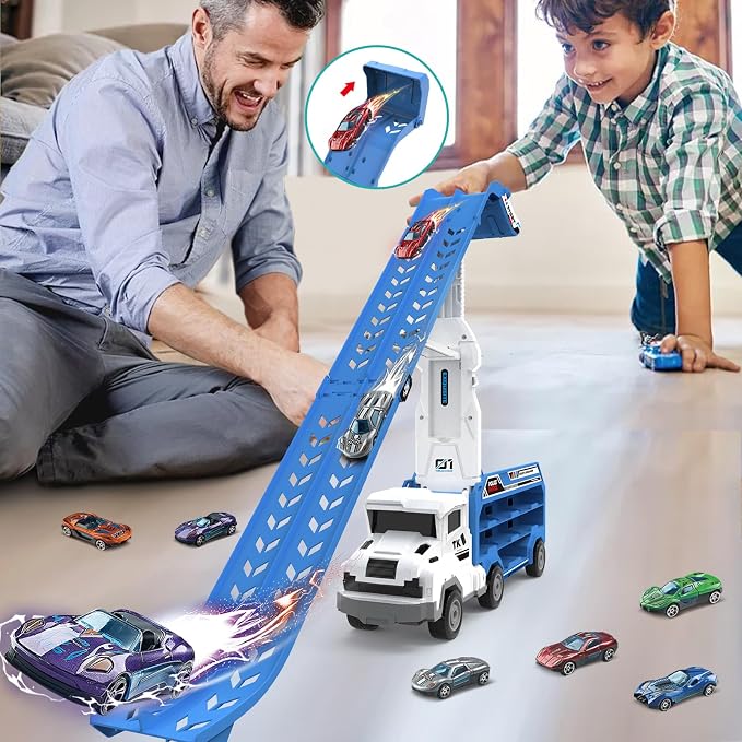 Toddler Car Truck Toys,Car Carrier Trucks Toy for Kids Age 3-5 4-8,Foldable Car Track Sets with 2.8-Ft Race Track and 6 Die-Cast Race Cars, Truck Toys Gifts for 3 4 5 6 7 8+ Year Old Boys Girls(Blue)