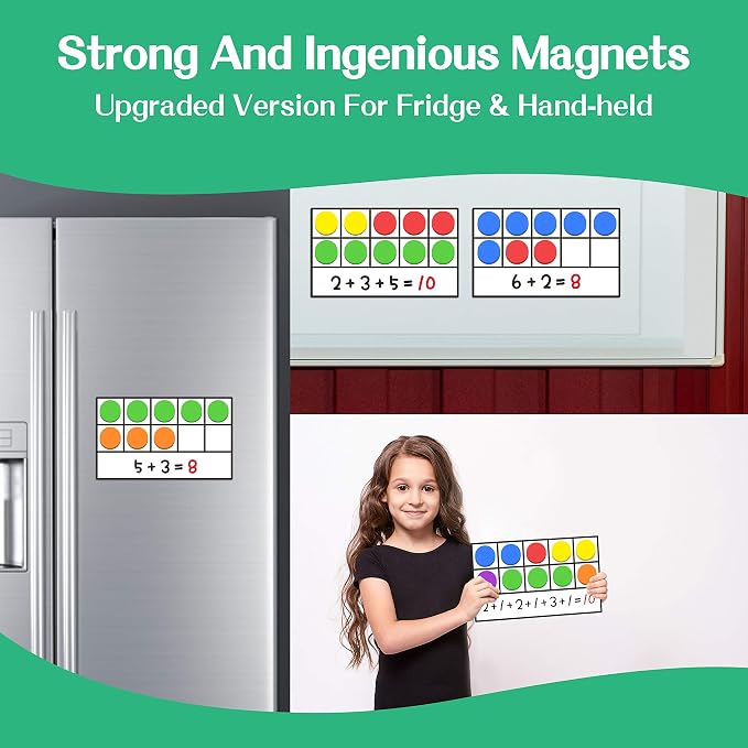 Magnetic Ten-Frame Set,6 Frames(with Blank Writing Space) and 66 Colorful Discs with 2 Markers (Upgraded Version for Fridge & Hand-held)