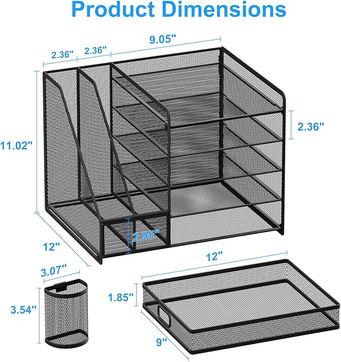 Lavatino Desk Organizer with File Holder, 5-Tier Paper Letter Tray Organizer with Sliding Drawer and 2 Pen Holder, Mesh Desktop File Organizer for Office Supplies (Black)