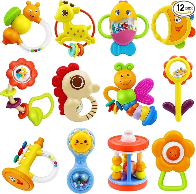 MOONTOY 12pcs Baby Rattles for Babies 0-6 Months Teething Toys 3-6 Months, Newborn Infant Teethers Baby Toys 6-12 Months, Montessori Baby Easter Basket Stuffers Gifts 1 2 3 4 5 6 7 9 10 Month Boy Girl
