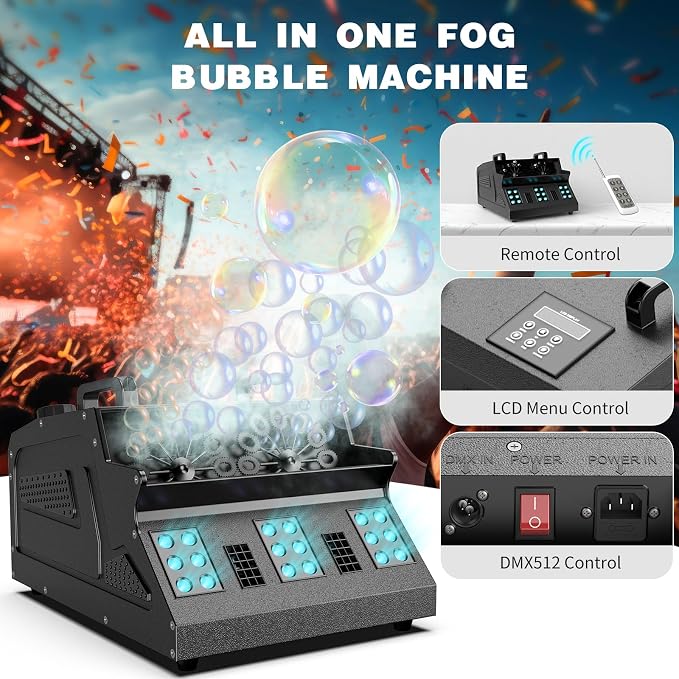 2000W Fog Bubble Machine, 3 in 1 Bubble Machine with 2 Bubble Fans,7 CH 18 RGB LED Lights Smoke Bubble All IN 1 Machine, Fog Machine Stage Effect for Party, Wedding, Halloween, 2 PACK