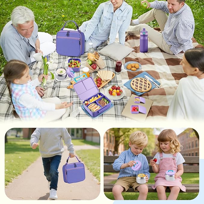 MAISON HUIS Bento Box for Kids with 8oz Soup Thermo, Leak-proof Lunch Food Containers with 5 Compartment, Insulated Lunch Bag & 17oz Stainless Steel Water Bottle for School, Trvael