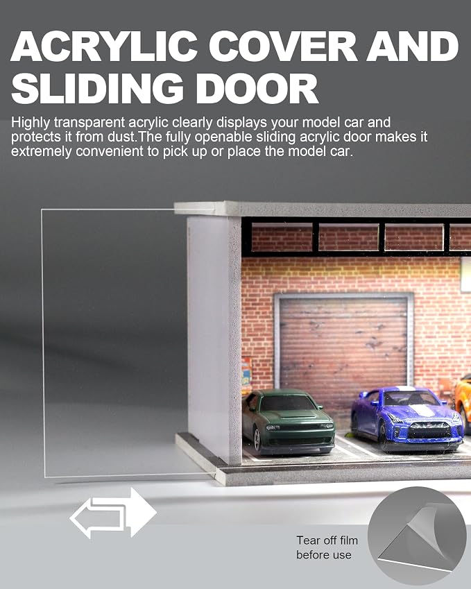 1/64 Scale Display Case Car Garage Moldel, Acrylic Cover Diecast Car Show Case with LED Light 6 Parking Spaces, Hot diecast Wheel Parking Scene (Vehicles Not Included) Wheels