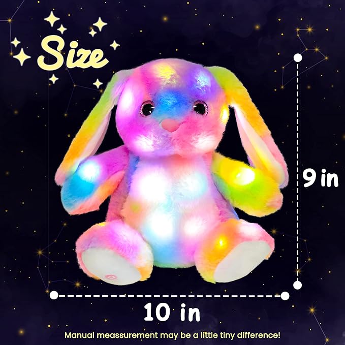 Hopearl LED Plush Bunny Colorful Lighting Up Stuffed Animal Rabbit Floppy Night Lights Glow in The Dark Birthday Festival for Kids Toddler Girls, Rainbow, 10''