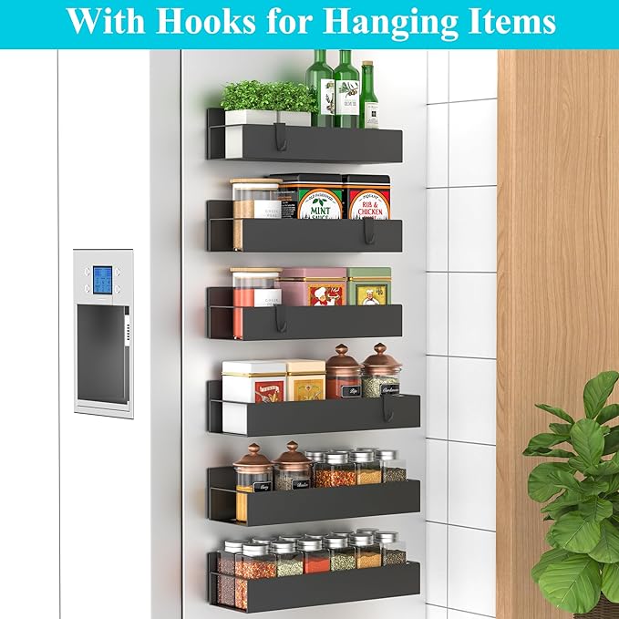 6 Pack Magnetic Spice Storage Rack Organizer for Refrigerator and Oven, Black Fridge Organizers and Storage