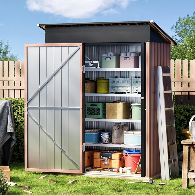 5X3X6.1FT Garden Storage Shed with Lockable Door,Steel Tool Shed with Sloping Roof,Anti-Corrosion Metal Shed for Backyard Patio Lawn (Light Wood Grain)