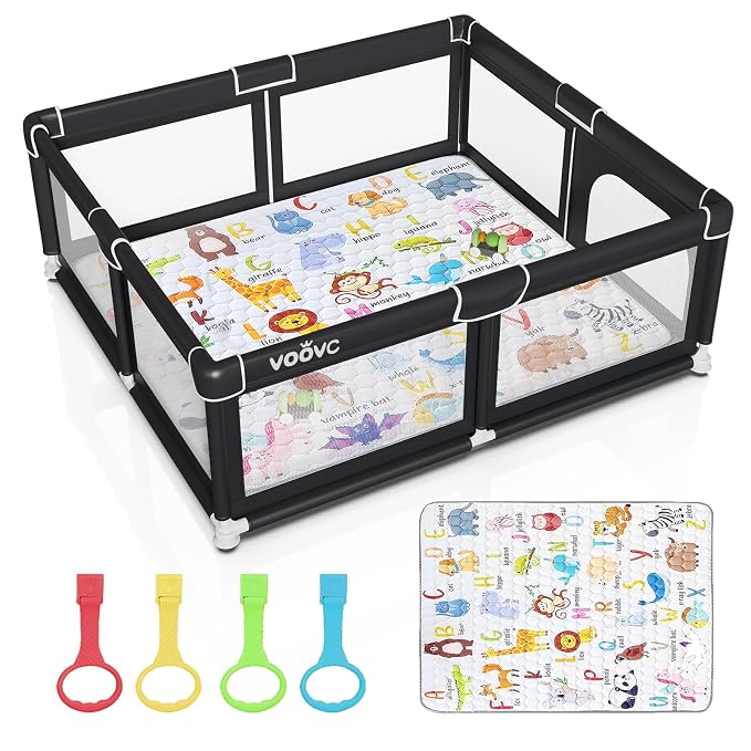 Premium Baby Playpen with Mat, 71x60 Inches Extra Large Playpen for Babies and Toddlers, Indoor & Outdoor Activity Center, Safety Baby Play Pen with Gate Prints Black