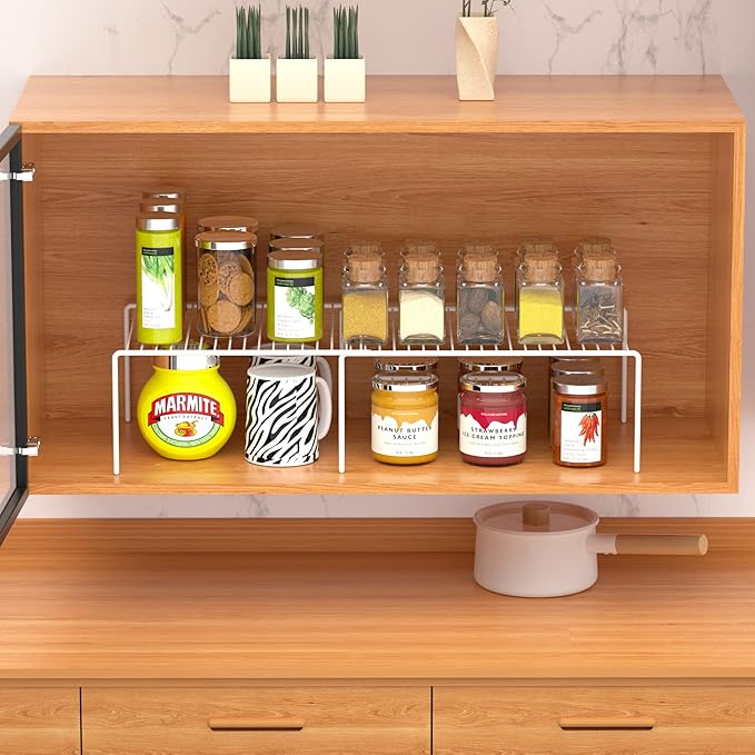 Kitchen Cabinet Expandable Shelf Organizers Set of 6, Adjustable Metal Wire Pantry Storage Shelves, Plate Dish Organizer Rack for Cabinets, Cupboard, Counter, Freezer, Countertop, White